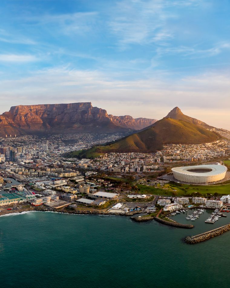 Aerial view of Cape Town with Table Mountain, the stadium and the waterfront